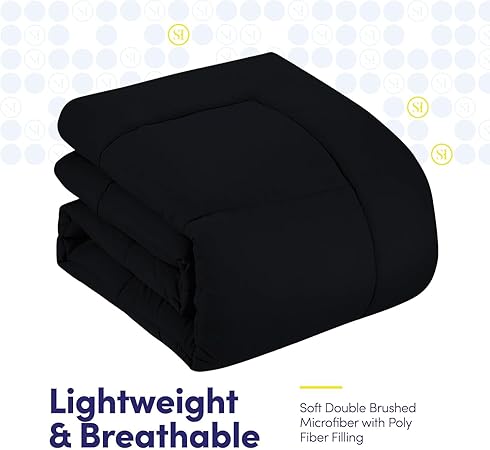 7 Piece Comforter Set Bag Solid Color All Season Soft Down Alternative Blanket & Luxurious Microfiber Bed Sheets, Black, Queen