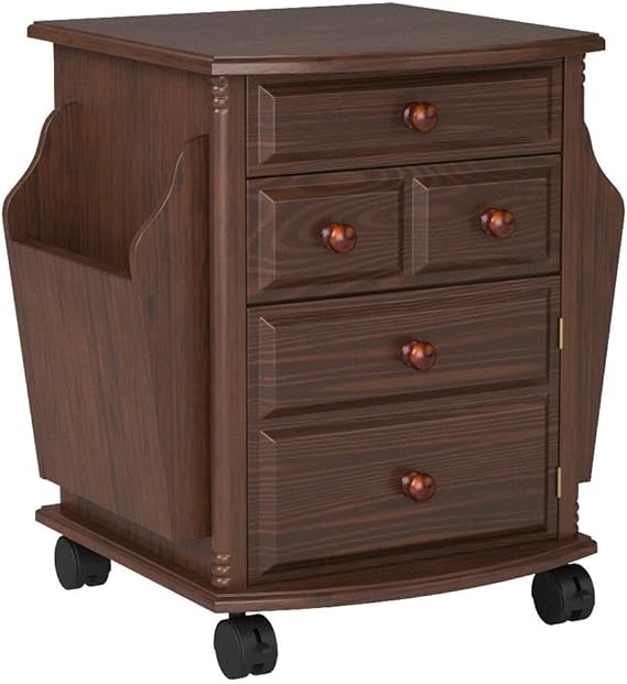 Multi Storage Mahogany Finish Companion Side Table with Rolling Wheels