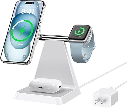 Magnetic Wireless Charger for iPhone - 3-in-1 Fast Charging Station (White)