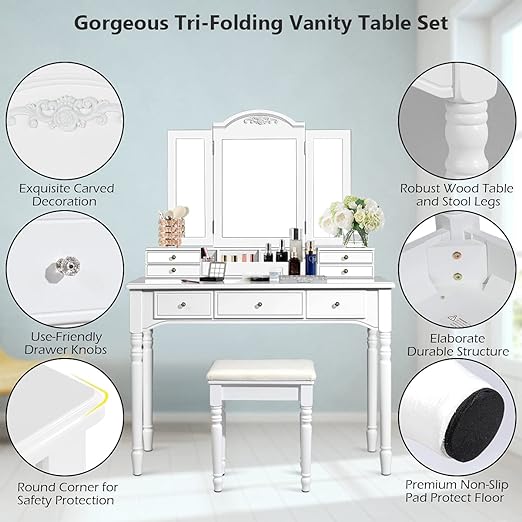 Makeup Vanity Table Set with 7 Drawers