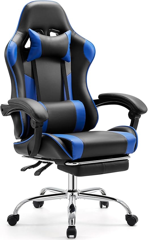 Video Game Desk Chair - Ergonomic Computer with Footrest and Comfy Lumbar Support, PU Leather Recliner with Headrest, Fixed Up Armrest, Height Adjustable with 360° Swivel, for Adults, Blue