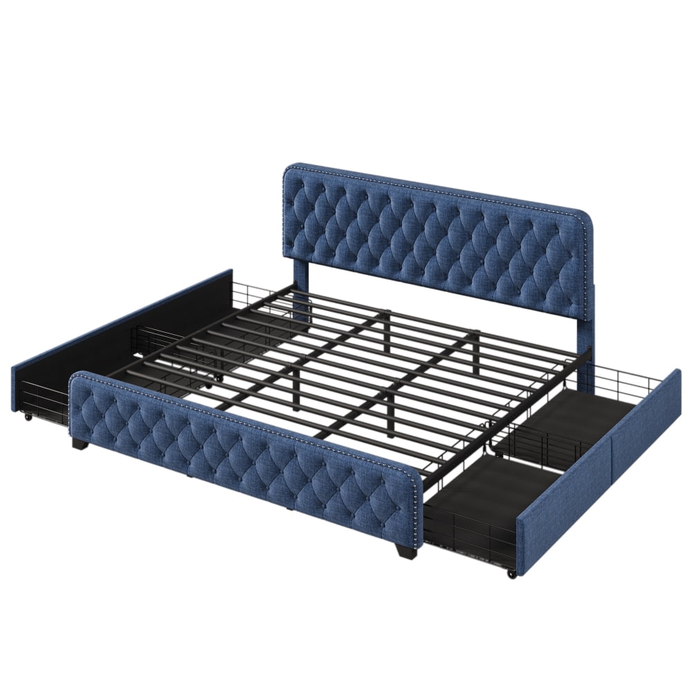 Blue Metal Frame King Size Button Tufted Nailhead Upholstered Platform Bed with 4 Large Drawers