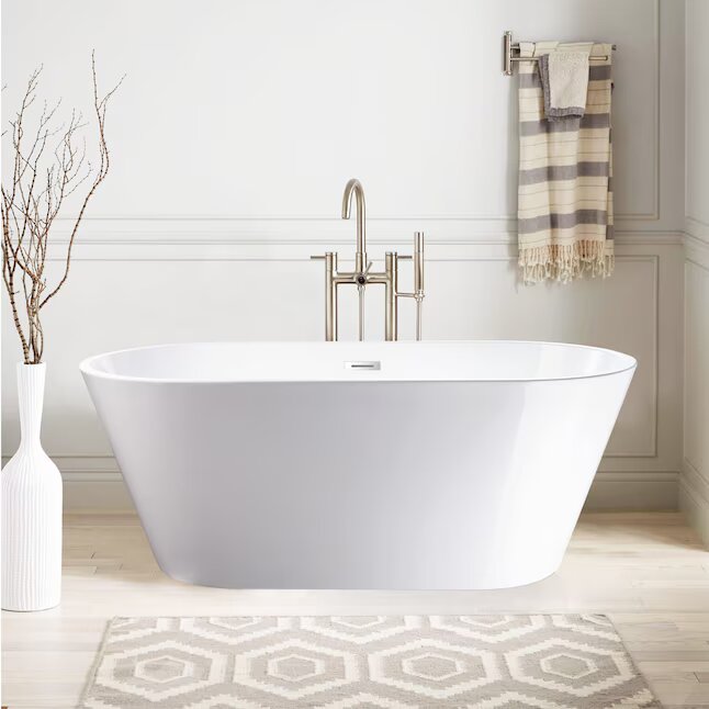 Vanity Art White/Polished Chrome Acrylic Oval Freestanding Soaking Bathtub with Drain (Center Drain)