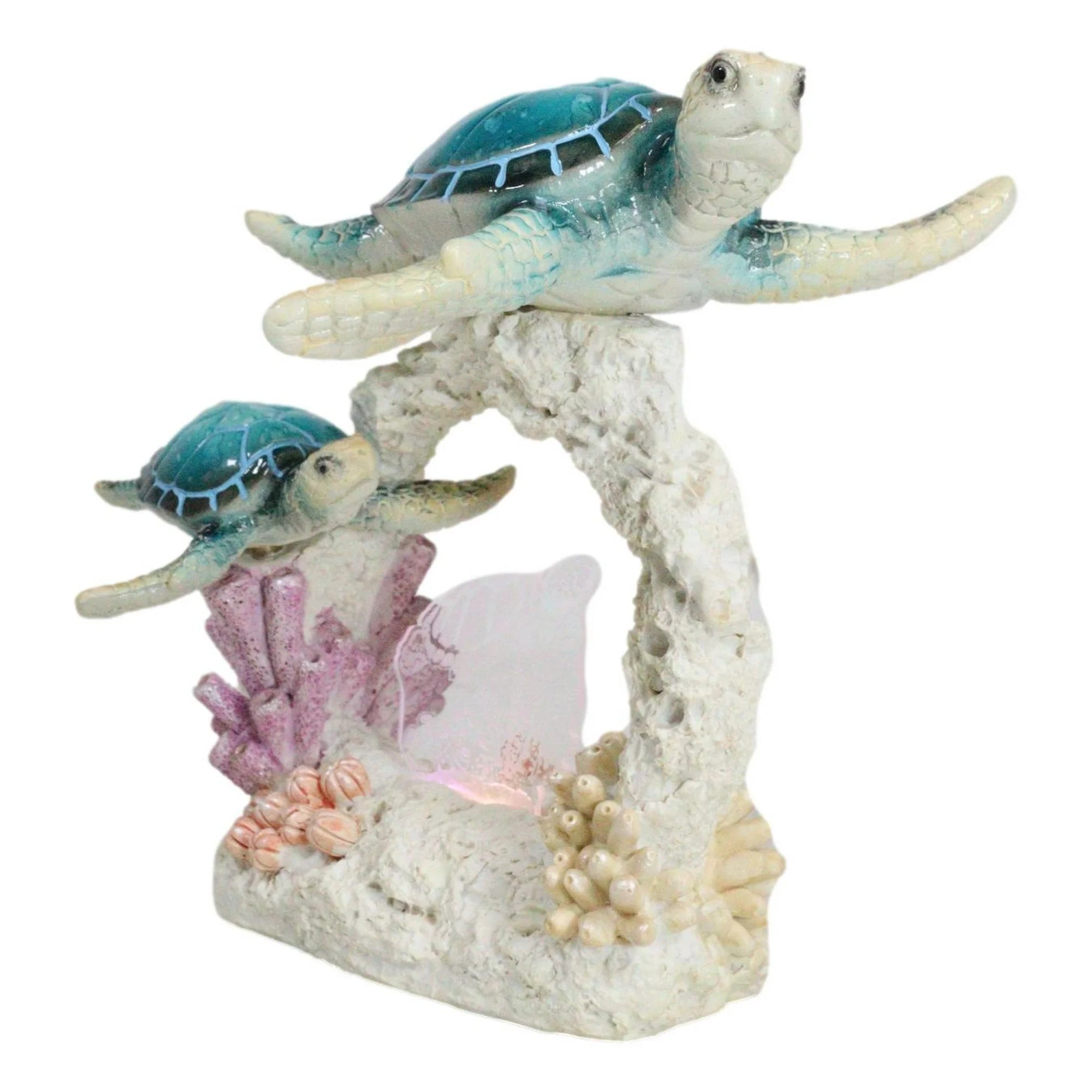 Sea Turtle Mother And Hatchling Family By Coral Reef With 3D LED Light Figurine