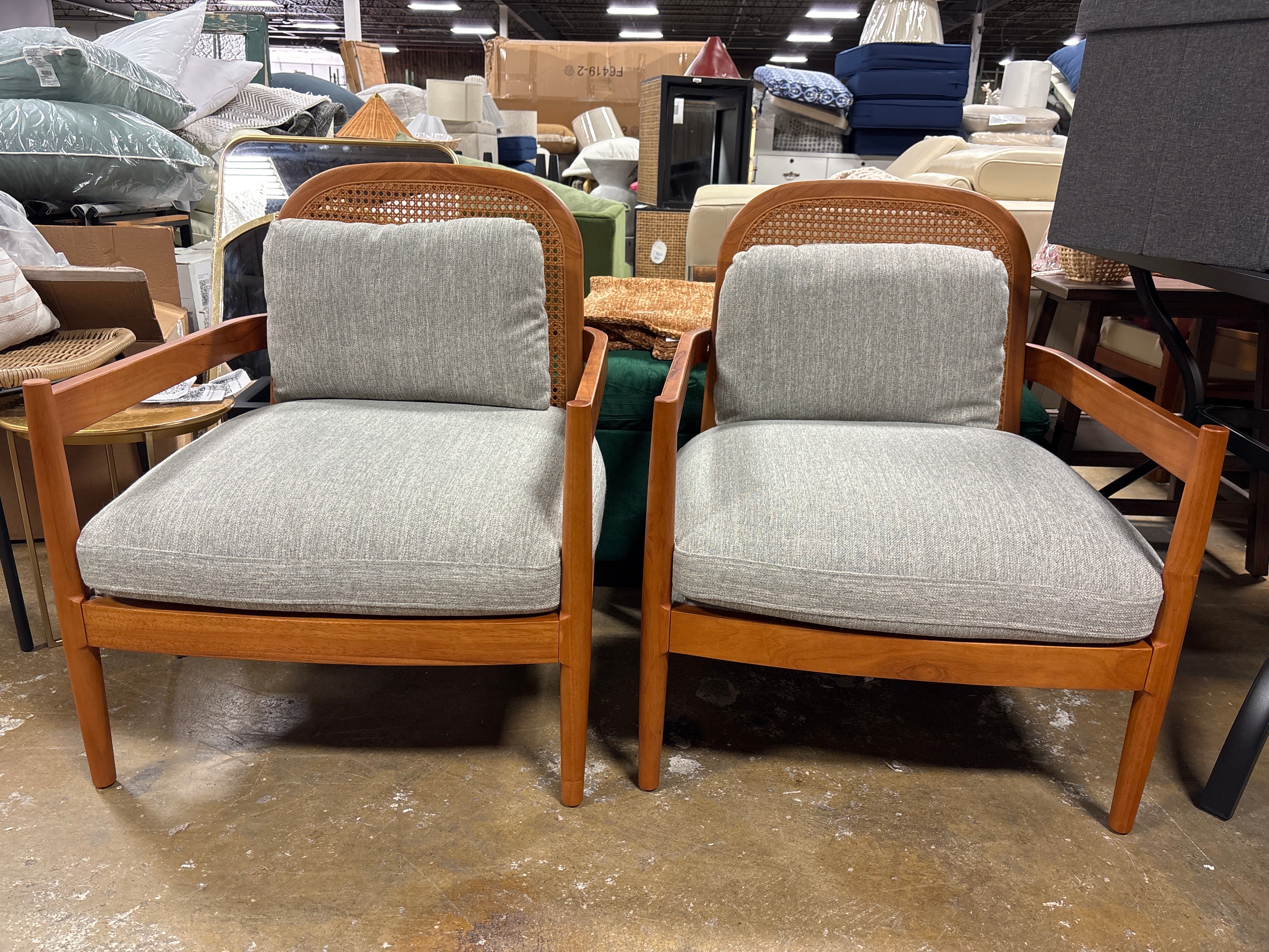 (Set of 2) Zuka Mid-Century cbModern Rattan Wooden Chair with Cushions - Walnut/Grayish Green  SHOWROOM ITEM