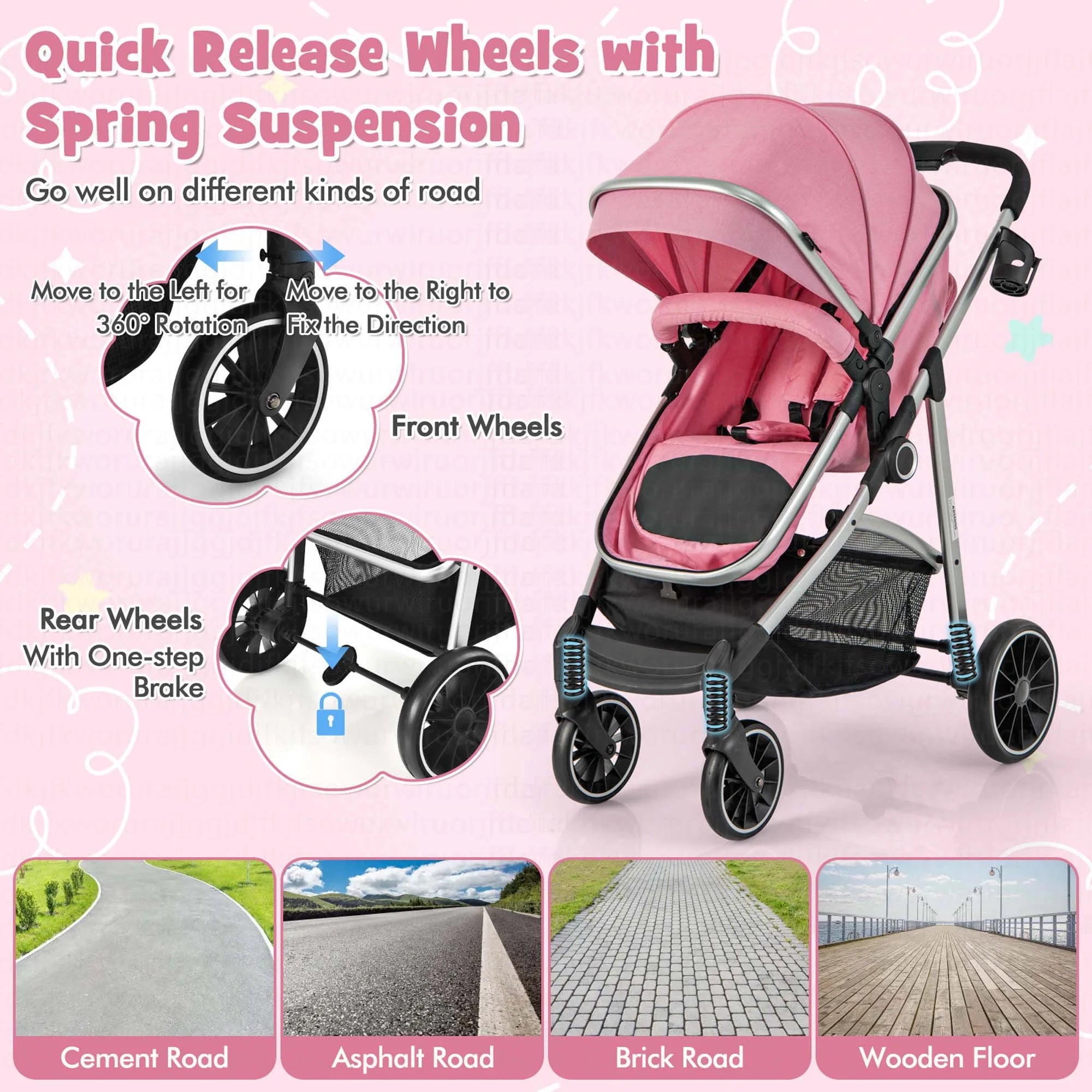 2 in 1 Convertible Baby Stroller High Landscape Infant Stroller Pink
