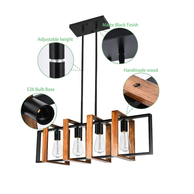 4 -Light Black and Wood Farmhouse Linear Large Hanging Kitchen Island