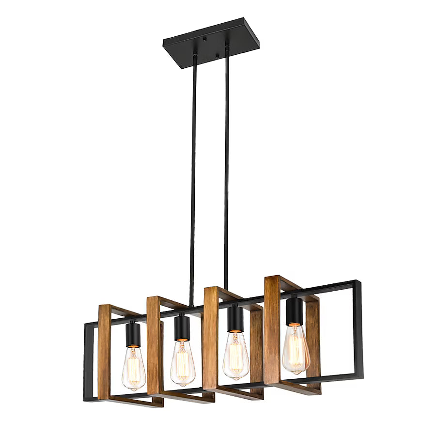 4 -Light Black and Wood Farmhouse Linear Large Hanging Kitchen Island