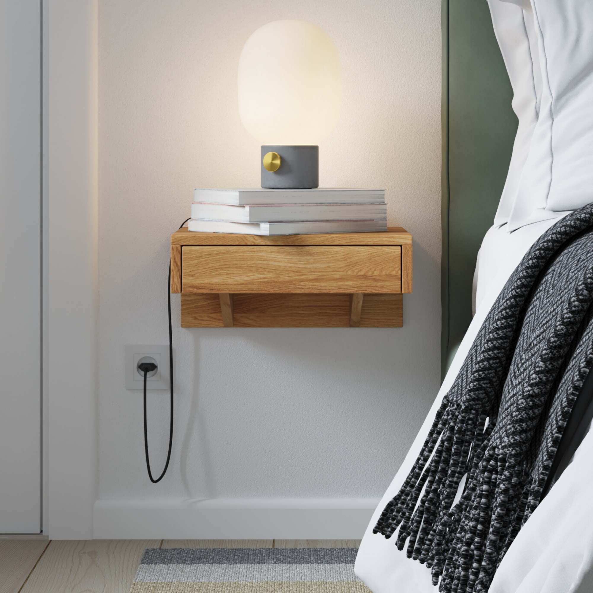 Bo Floating Bedside Table, Wall Hanging, Wooden Nightstand With Drawer, Oak