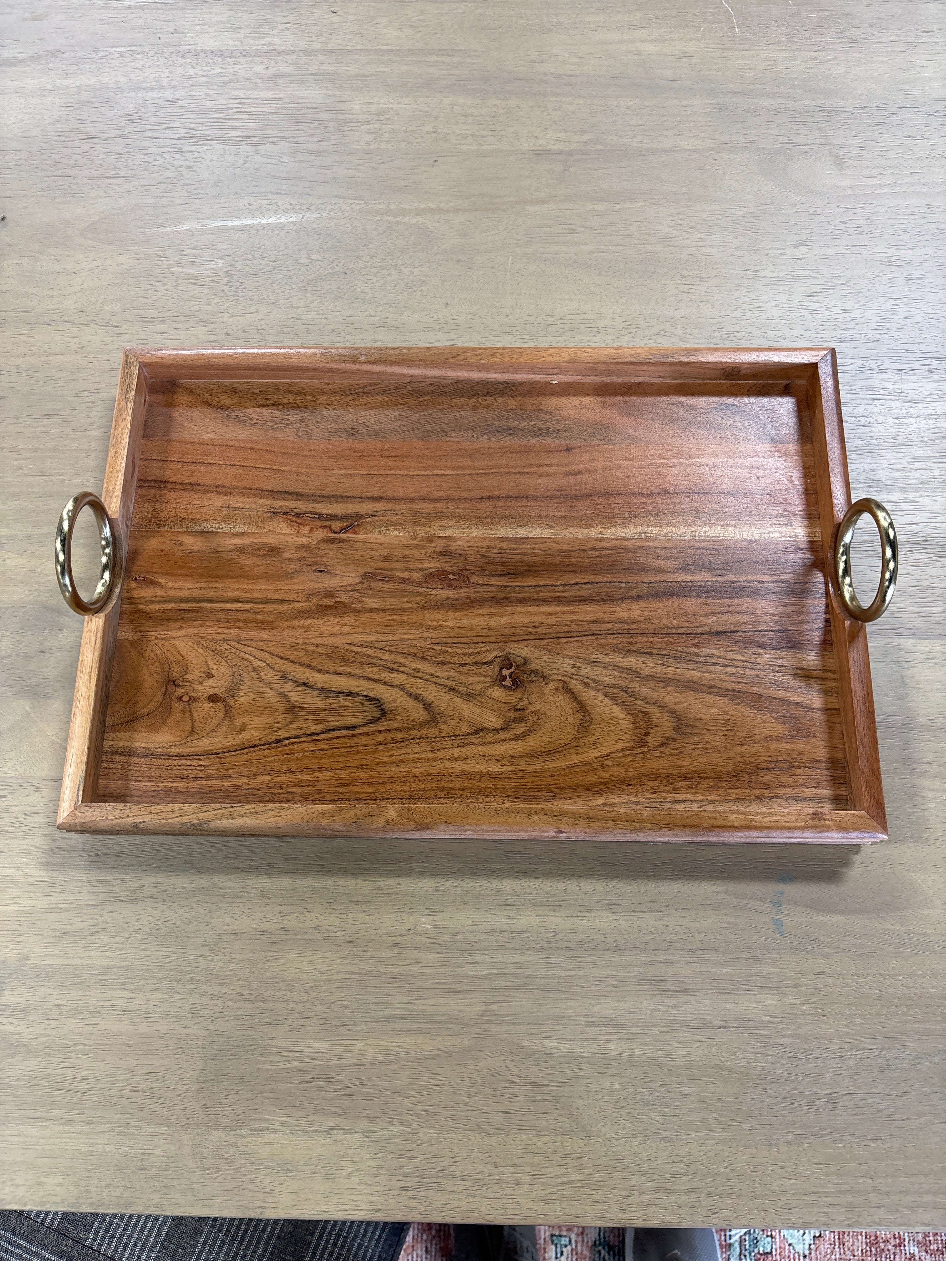 Acacia Wood Tray with Gold Ring Handles SHOWROOM ITEM