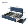 Blue Metal Frame King Size Button Tufted Nailhead Upholstered Platform Bed with 4 Large Drawers