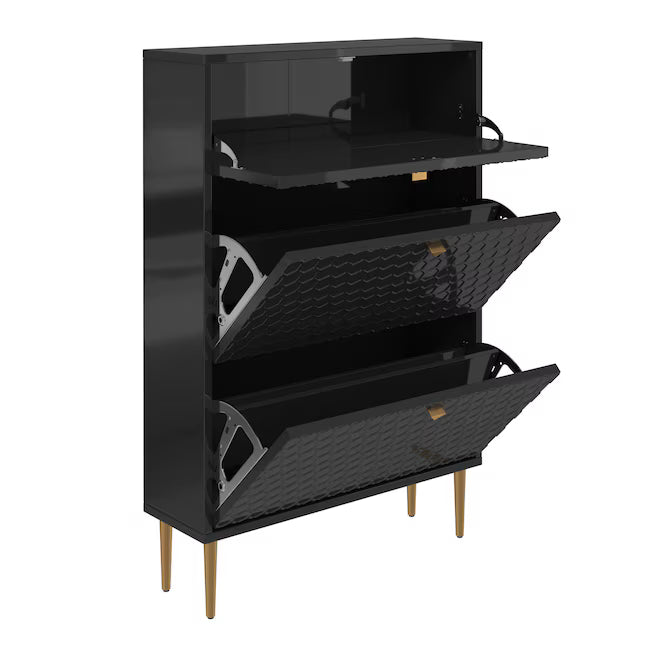 3 Tier 24 Pair Black MDF Shoe Cabinet