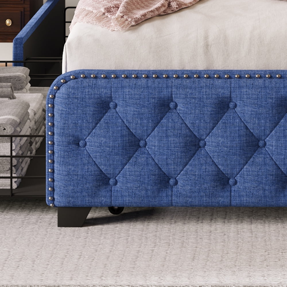 Blue Metal Frame King Size Button Tufted Nailhead Upholstered Platform Bed with 4 Large Drawers