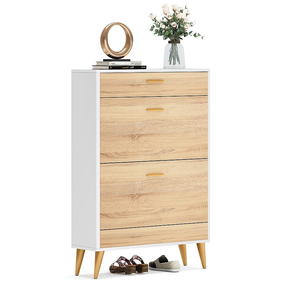 6 Tier 14 Pair Wood/White Engineered Wood Shoe Cabinet
