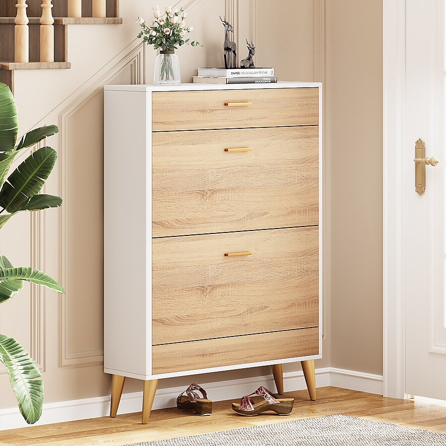 6 Tier 14 Pair Wood/White Engineered Wood Shoe Cabinet