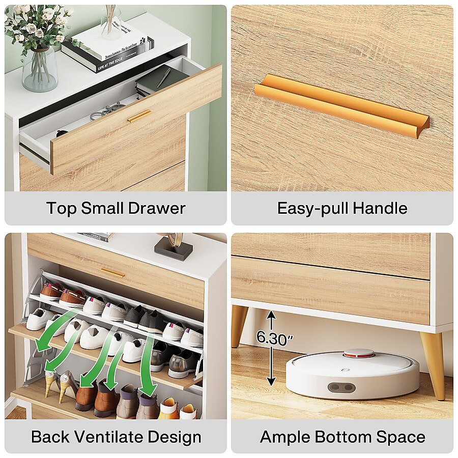 6 Tier 14 Pair Wood/White Engineered Wood Shoe Cabinet
