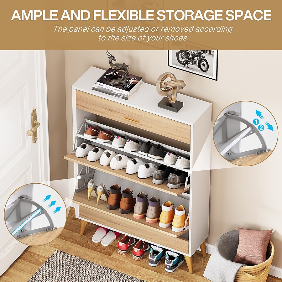 6 Tier 14 Pair Wood/White Engineered Wood Shoe Cabinet