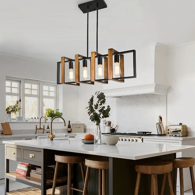 4 -Light Black and Wood Farmhouse Linear Large Hanging Kitchen Island
