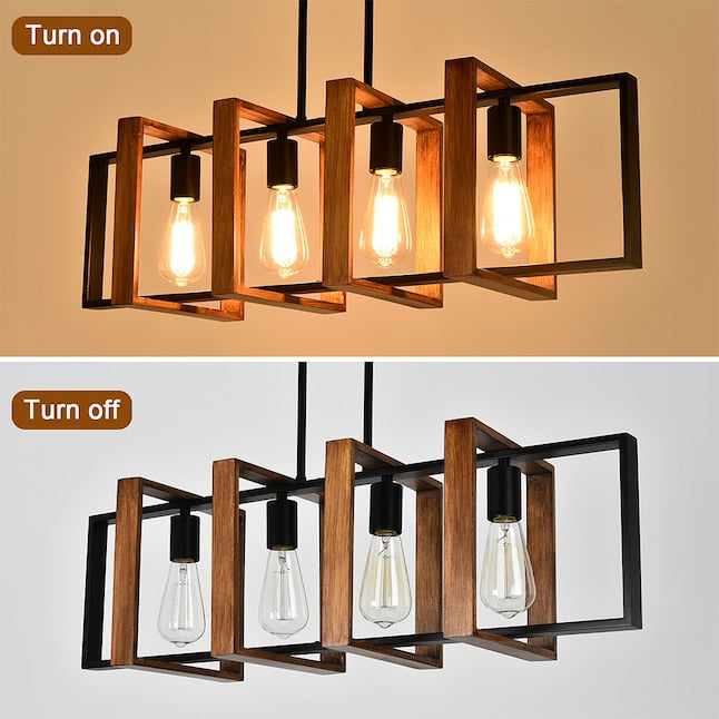 4 -Light Black and Wood Farmhouse Linear Large Hanging Kitchen Island