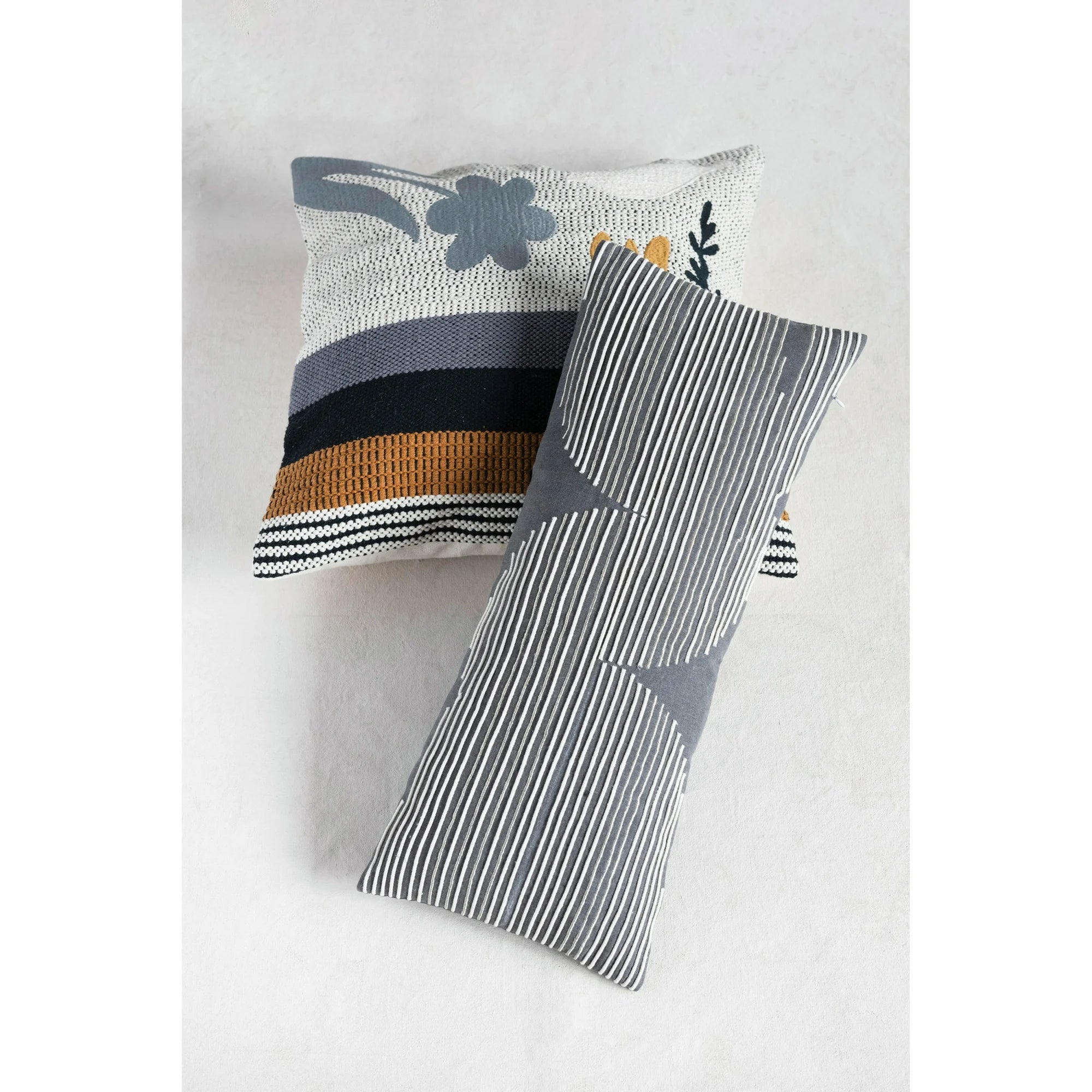 Cotton Lumbar Pillow with Gold Thread Embroidery and Rope Applique