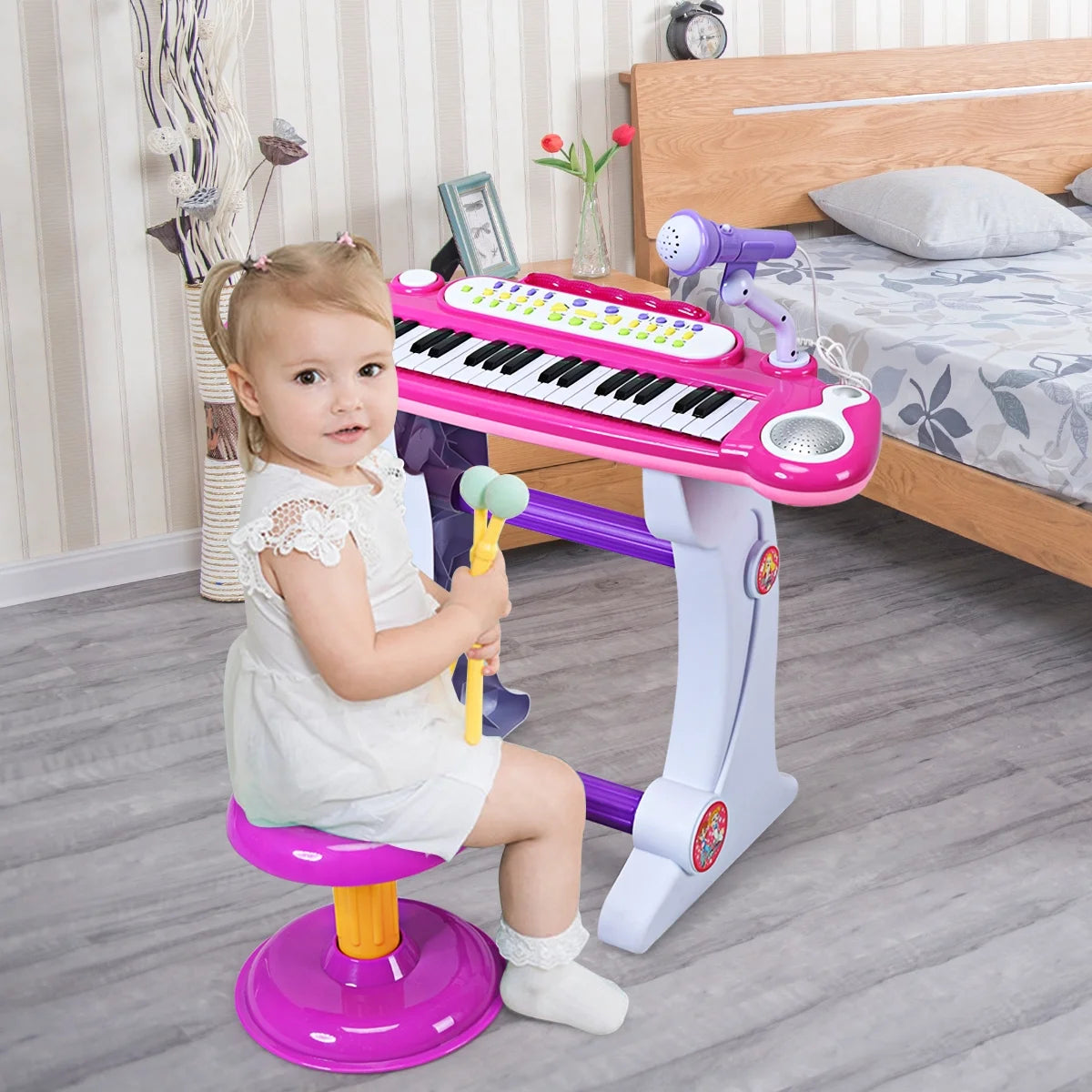 37 Keys Kids Piano Electronic Keyboard Musical Piano Toy with Microphone & Stool