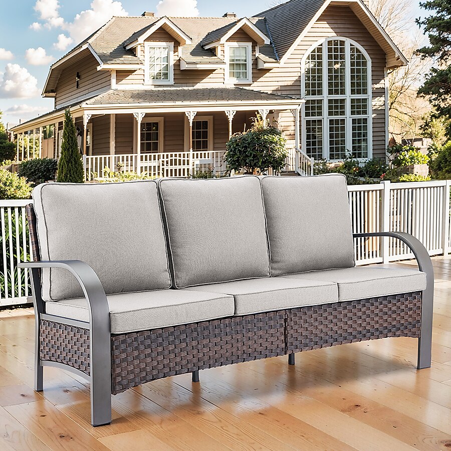 Rilyson B-Bend Wicker Outdoor Sofa with Beige Cushions and Wicker Frame - SHOWROOM ITEM