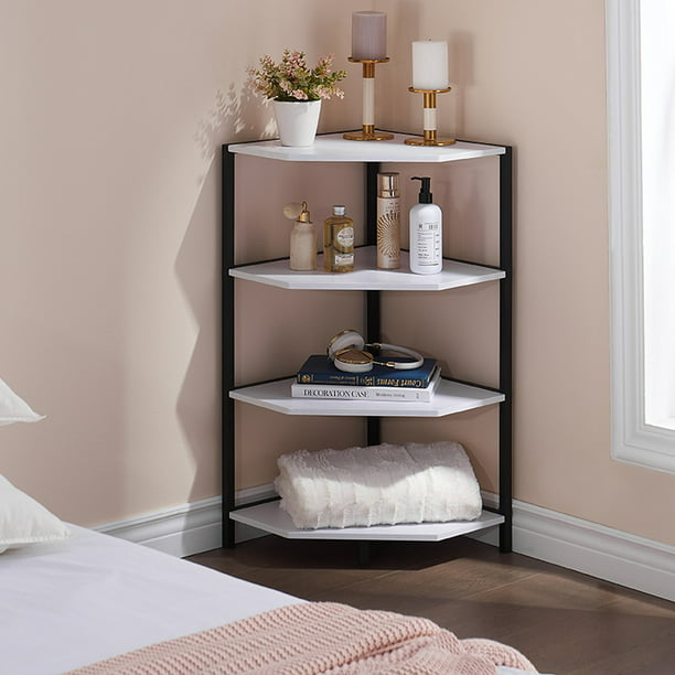 4-Tier Corner Shelf, Multipurpose Wood Storage Stand for Small Spaces, Bedroom, Living Room, White