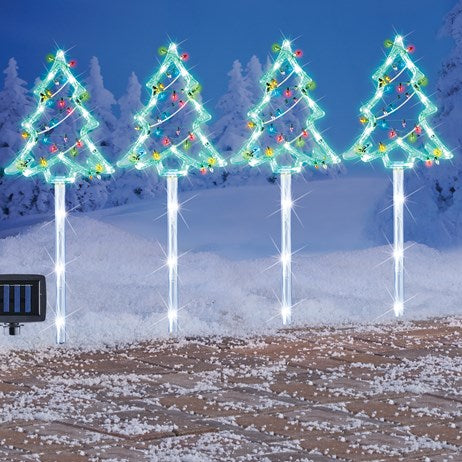 Solar Powered Christmas Tree Garden Stakes - Set of 4