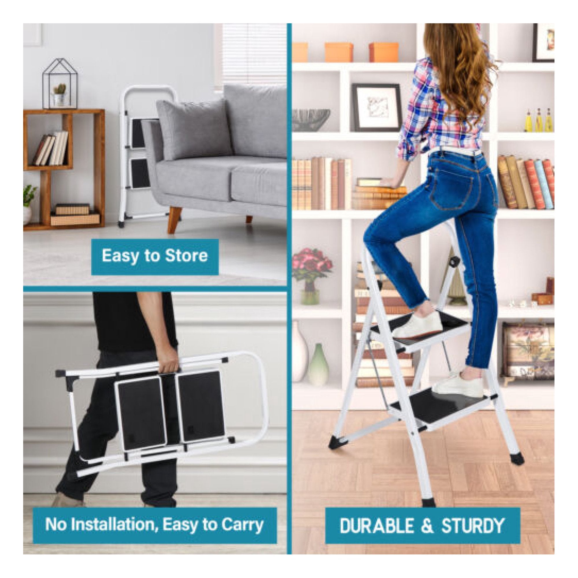 2 Step Ladder Folding Step Stool Sturdy Steel Ladder with Anti-Slip Pedal White