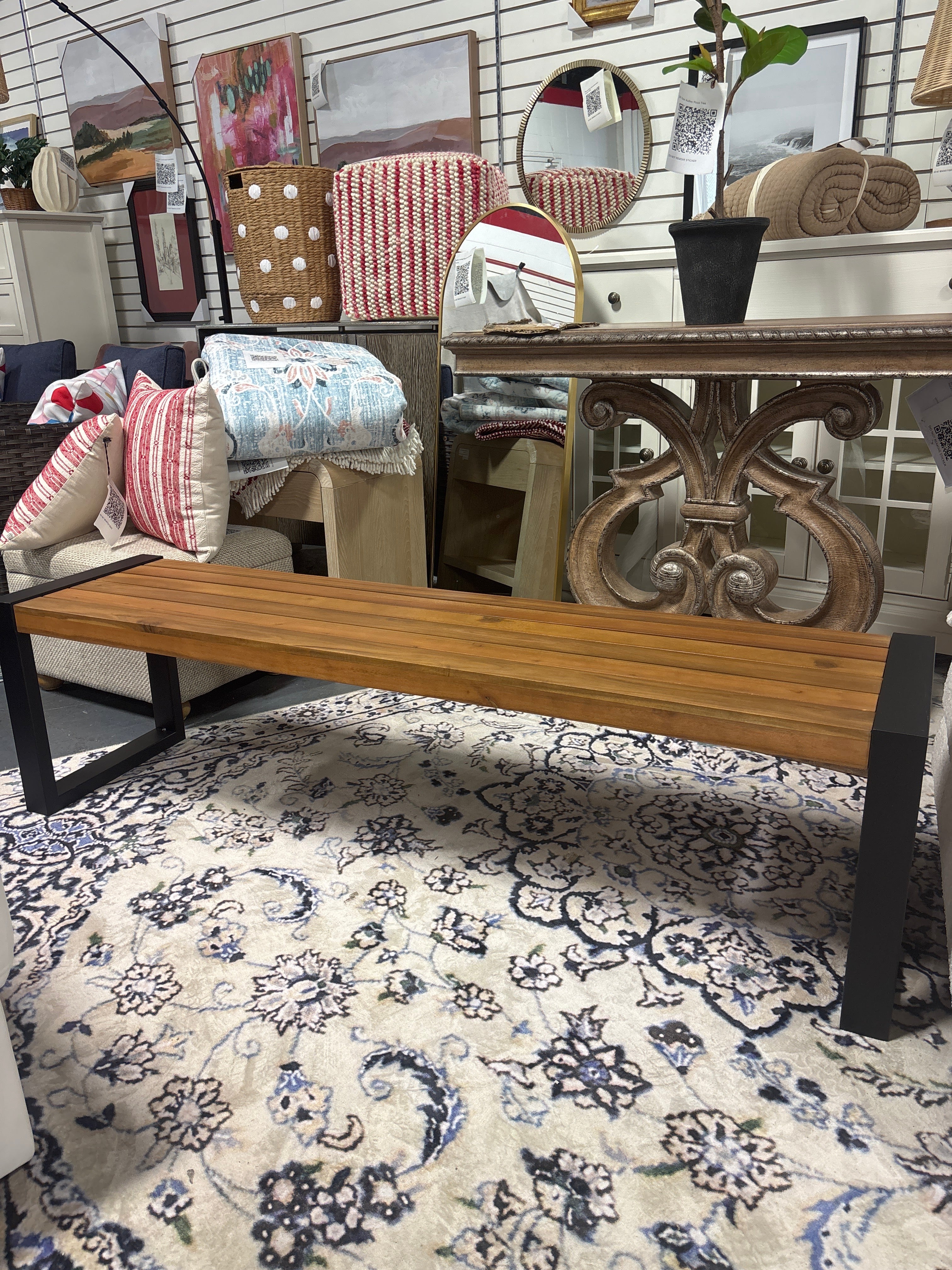 1pc Outdoor Patio Bench - Natural Wood/Black Steel SHOWROOM ITEM