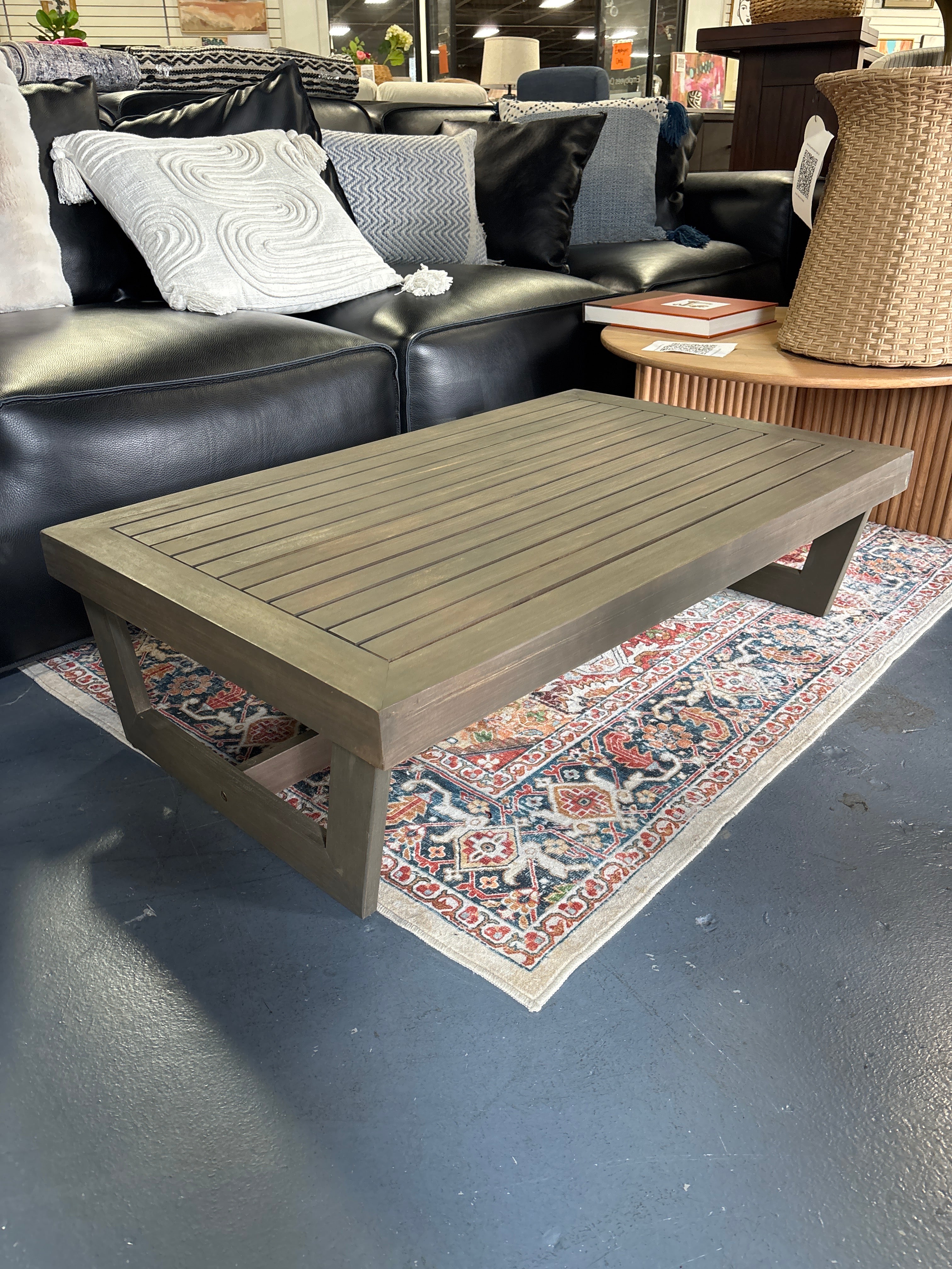 24.4" W x 39.5" L Roy Outdoor Acacia Wood Coffee Table - Gray SHOWROOM ITEM