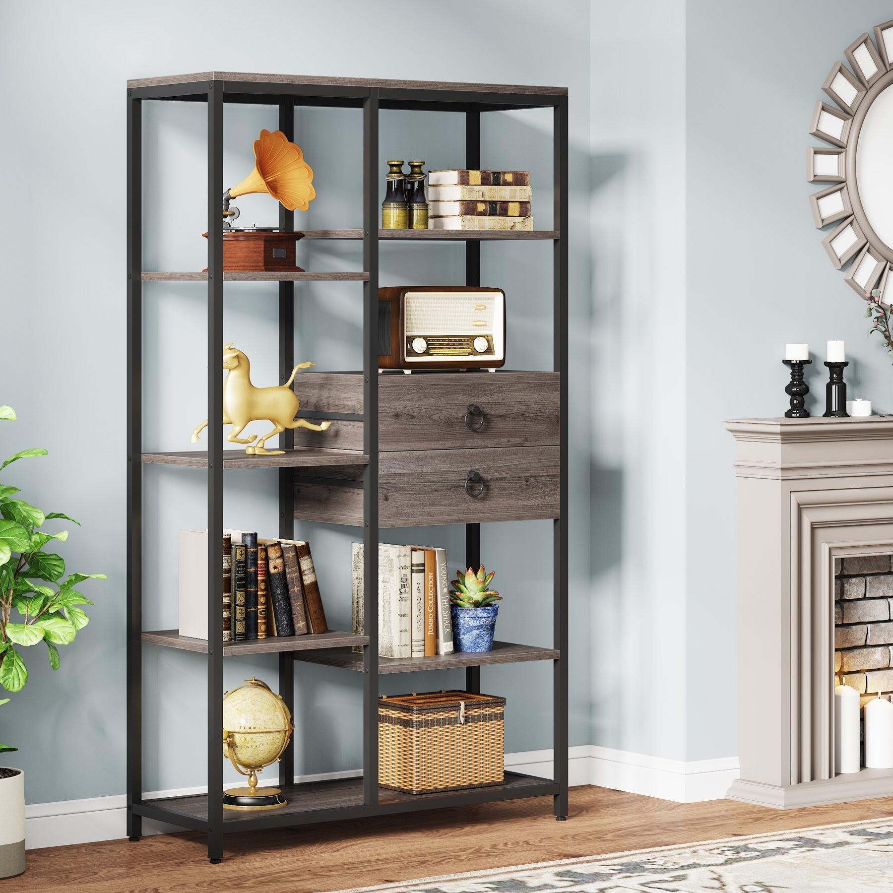 Bookshelf, 5 Shelf Etagere Bookcase with 2 Drawers