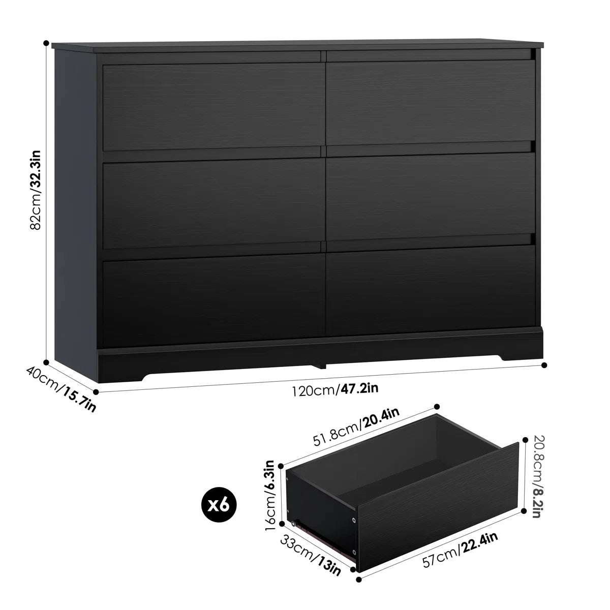 6 Drawer Wood Modern Double Dresser