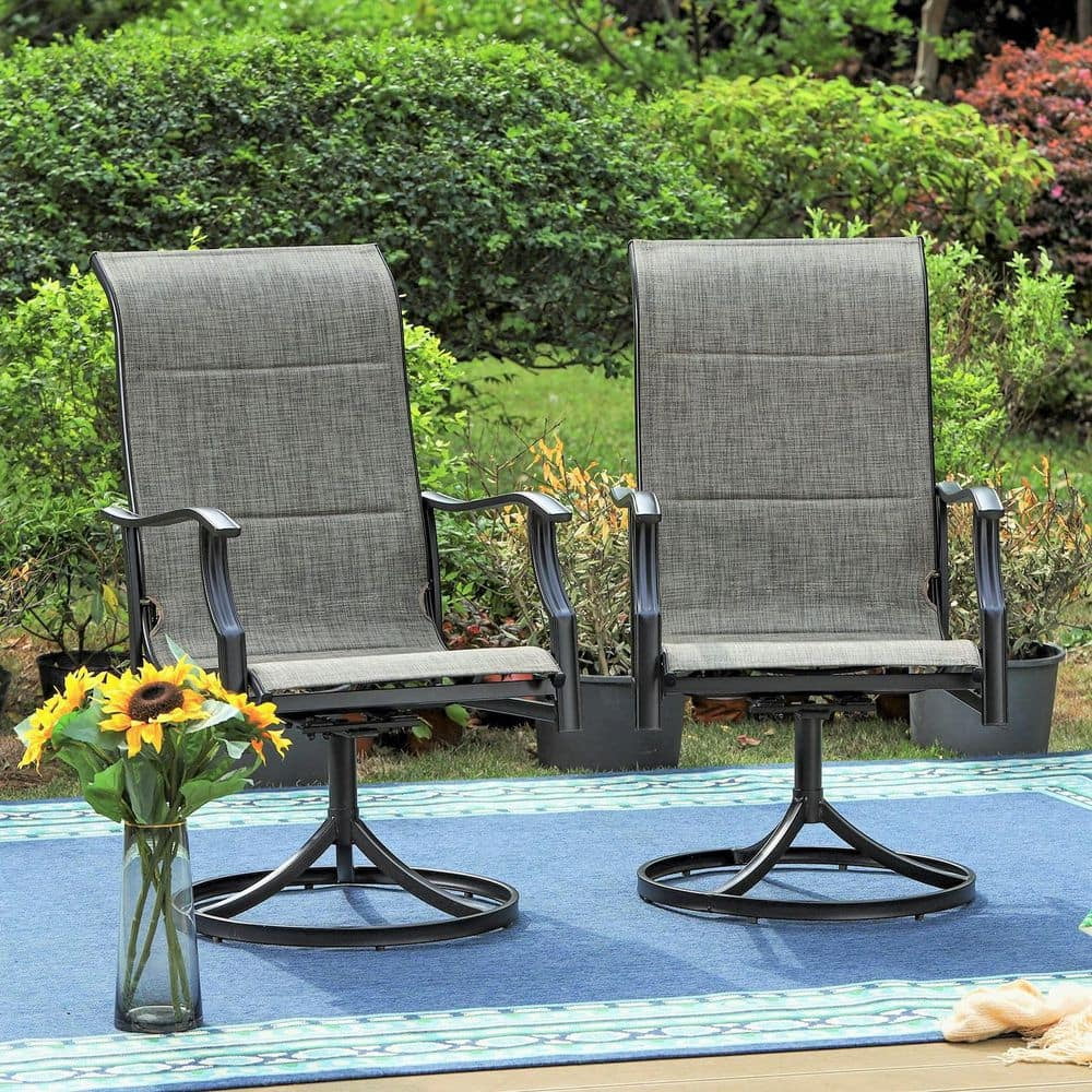 Black Swivel Padded Textilene Metal Outdoor Dining Chair with Wave Arms (2-Pack)