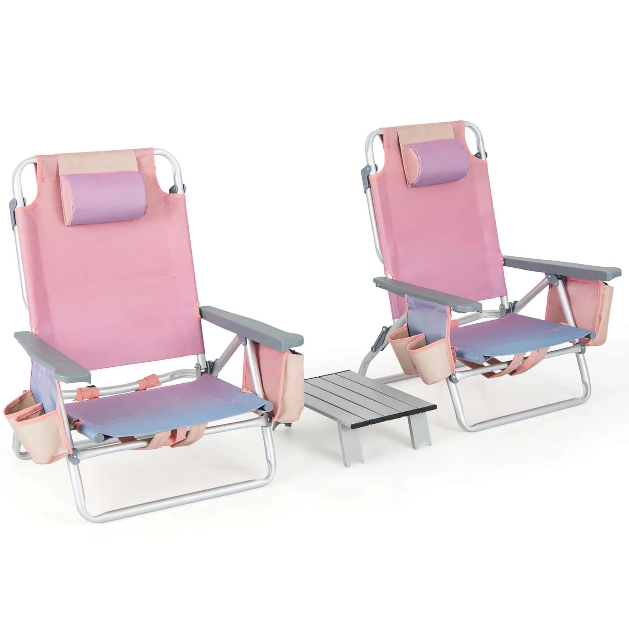 2-Pack Folding Backpack Beach Chair Table Set 5-Position Outdoor Reclining Chair Pink