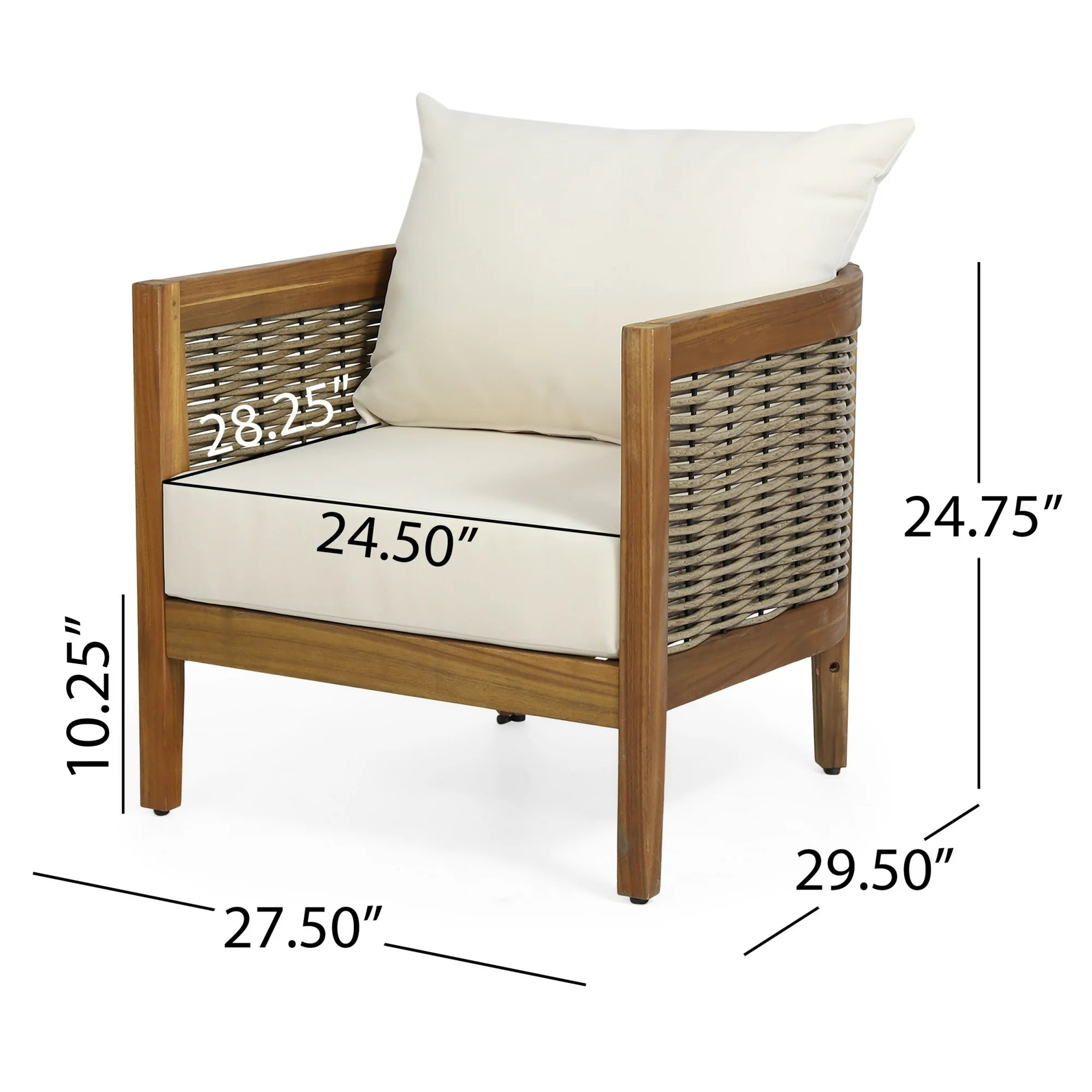 Rattler Acacia Wood and Wicker Outdoor Club Chair with Cushions, Teak, Mixed Brown, and Beige