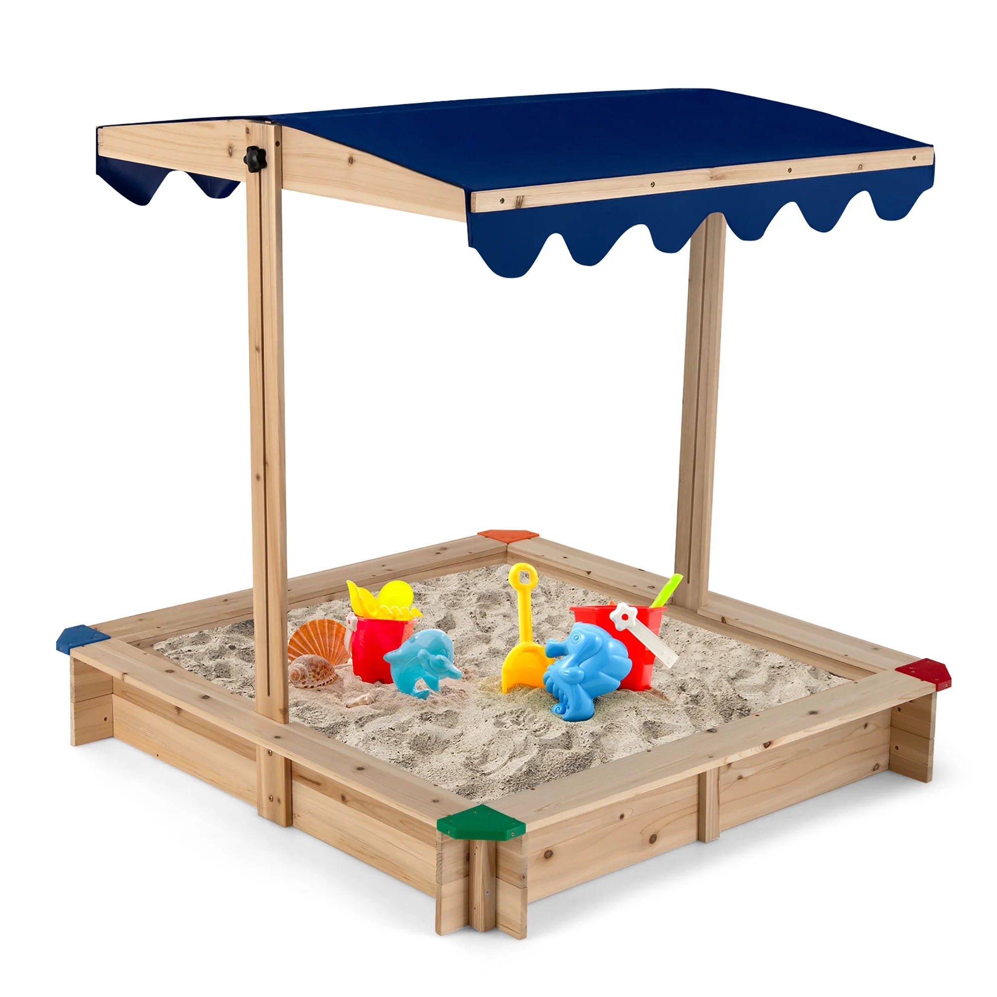 Kids Wooden Sandbox with Height Adjustable & Rotatable Canopy Outdoor Playset