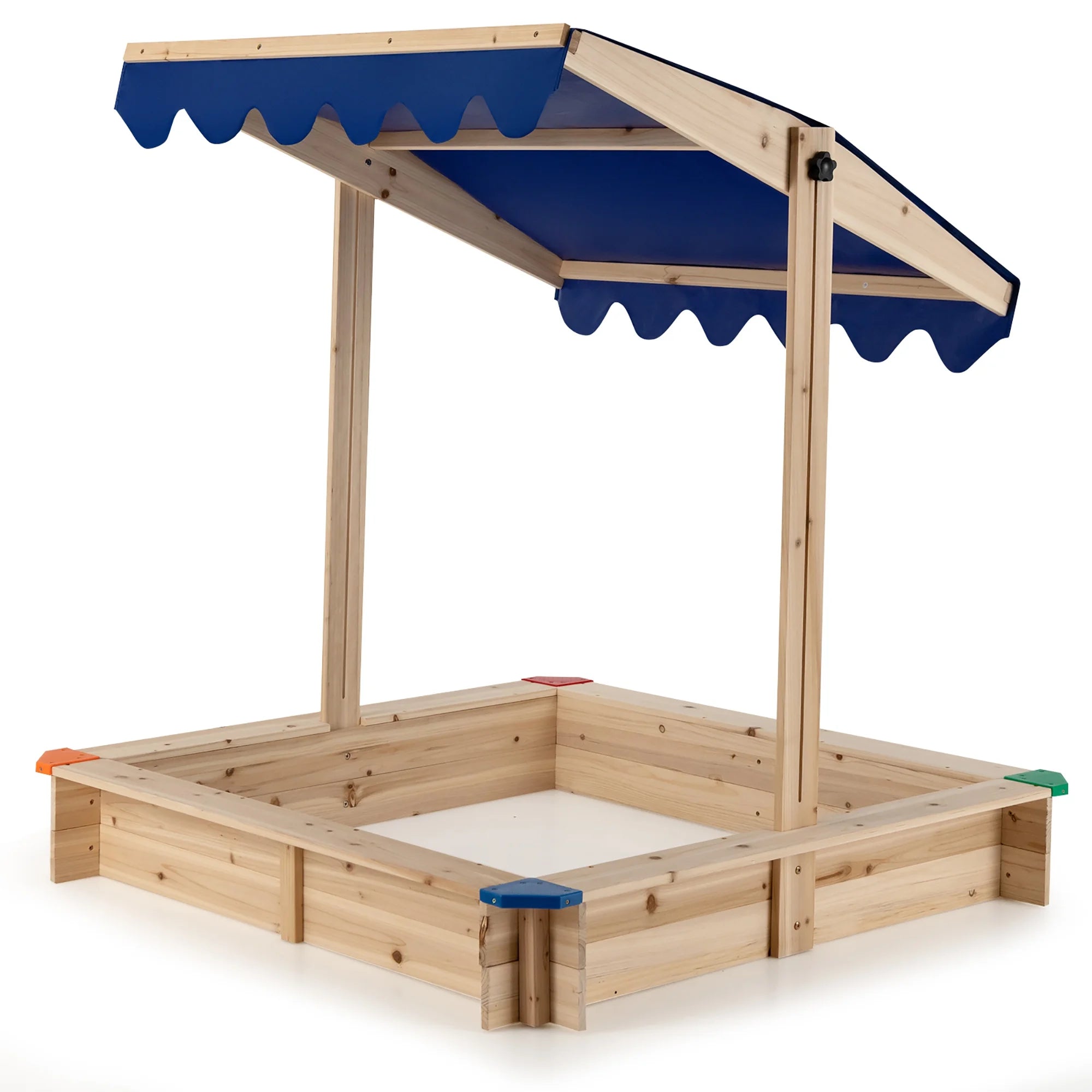 Kids Wooden Sandbox with Height Adjustable & Rotatable Canopy Outdoor Playset