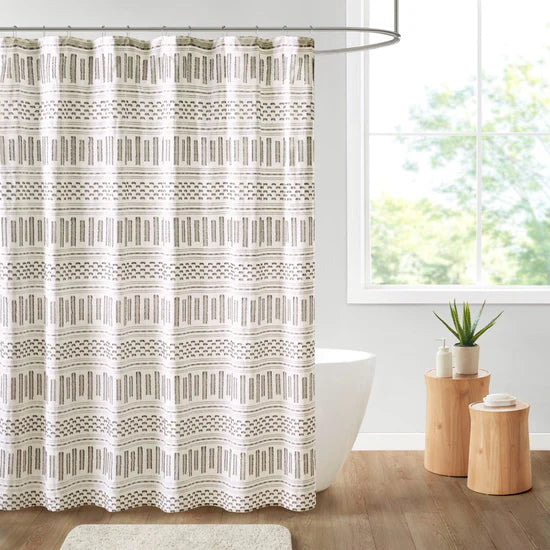 Rhea Cotton Jacquard Shower Curtain - Ivory / Charcoal