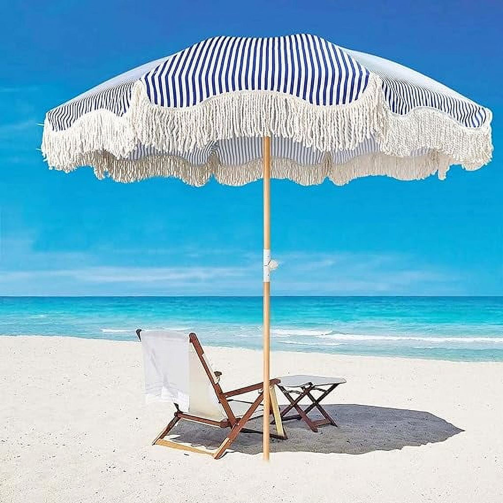 Blue Striped Outdoor Umbrella With Fringe Beach Umbrellas For Sand