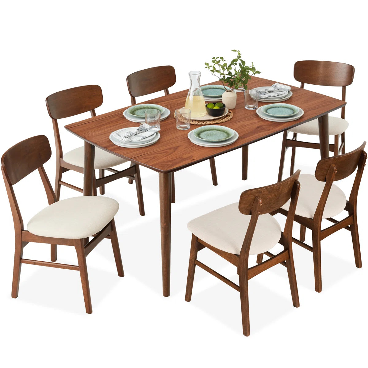 7-Piece Mid-Century Modern Upholstered Dining Set, Wooden Table W/ 6 Chairs - 3 BOXES