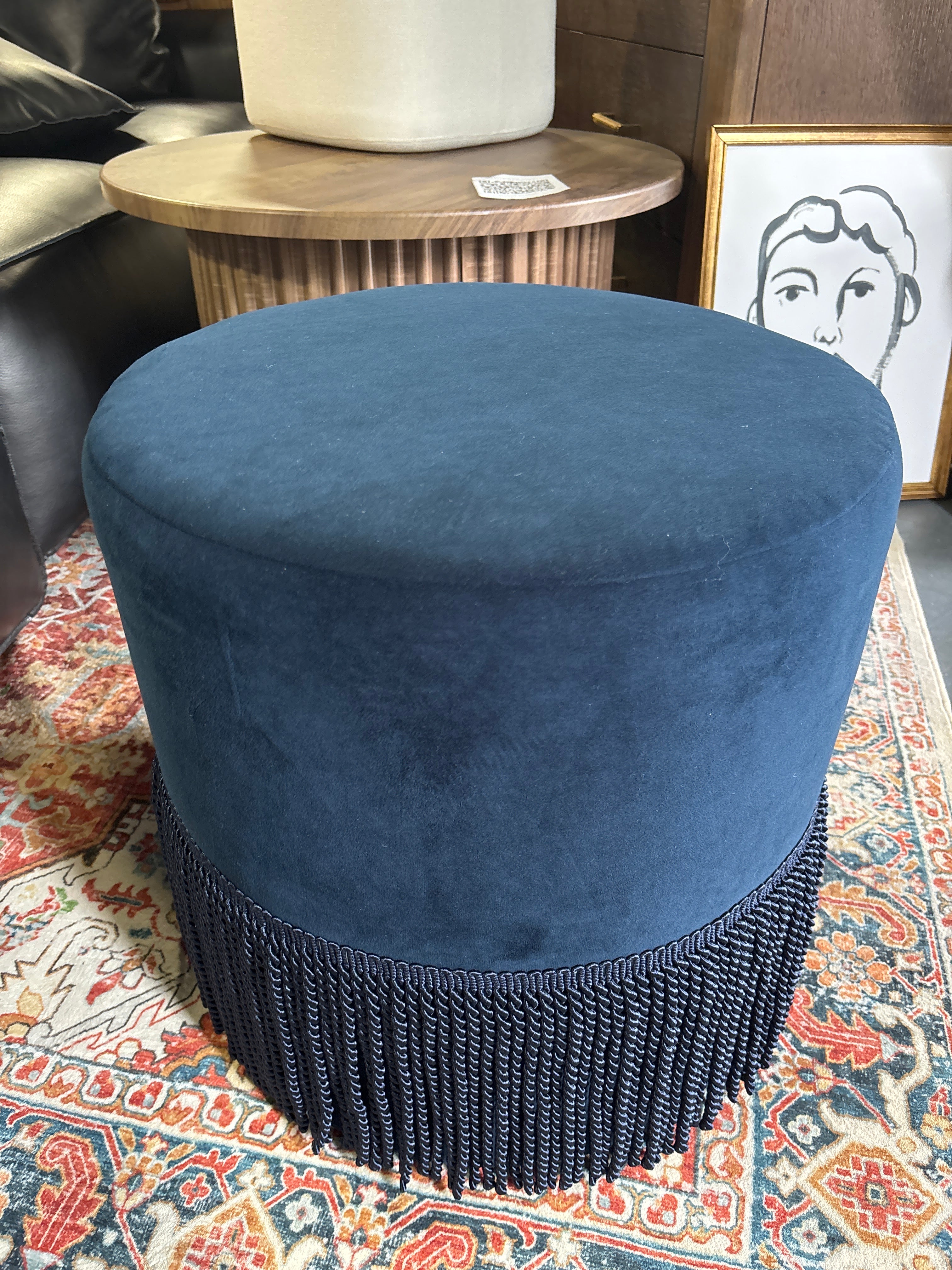 Fringe Drum Ottoman in Velvet - Ink Navy SHOWROOM ITEM