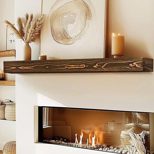 Fireplace Mantel - Solid Wood Wall Mounted Floating Shelf (Weathered Brown)