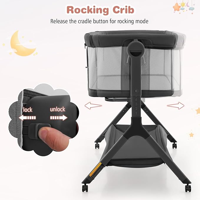 Bassinet, 3 in 1 Rocking Bedside Bassinet w/Storage Basket, Universal Wheels, Adjustable Height, Mattress, Net & Portable Bag, Carriable Crib Baby Bassinets Bedside Sleeper (Gray)