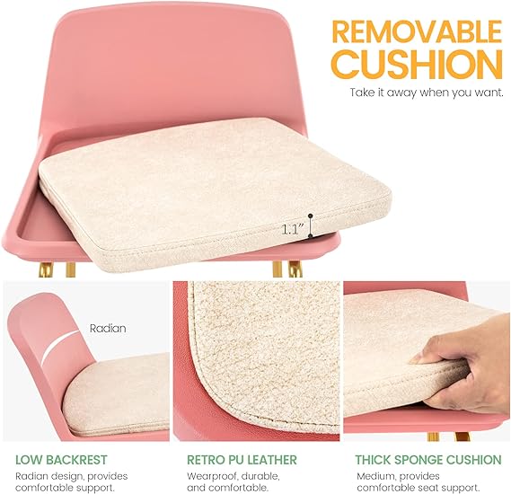 Bar Stools PP Seat Retro PU Leather Cushion Barstools with Low Back, Armless Bar Height Chairs for Kitchen Dining Cafe with Gold Legs, Cream and Pink (Set of 2)