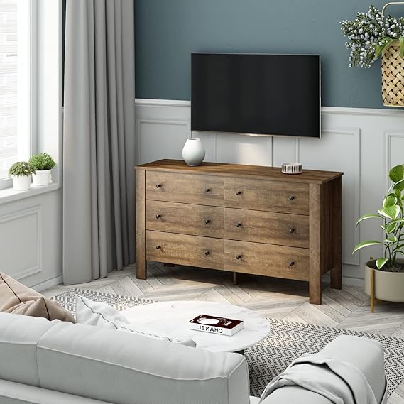 6 Drawer Dresser, Wood Chest of Drawers, Wide Storage Dresser with Sturdy Frame, Closet Organizer for Living Room Closets, Hallway, Rustic Brown