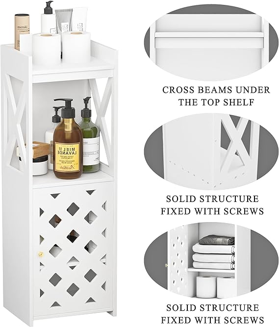 Bathroom Storage Cabinet, White Bathroom Floor Cabinet Freestanding Organizer with Door and Open Shelf for Kitchen Living Room Narrow Space