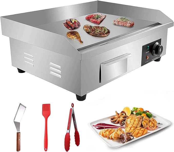 110V Commercial Electric Countertop Griddle Stainless Steel BBQ Flat Top Grill Hot Plate, Adjustable Thermostatic Control 122°F-572°F, Stainless Steel Restaurant Grill for Kitchen
