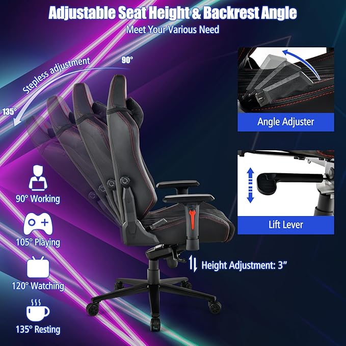Gaming Chair, Ergonomic w/Adjustable Lumbar Support, 4D Armrests & Headrest, High Back Swivel Racing Gamer Chair, PU Leather Computer Office Chair for Adult Teen