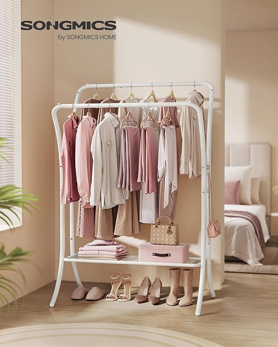 Clothing Rack with Shelves,Garment Racks Heavy Duty,Double Rod Clothes Rack with 6 Hooks, Clothes Storage and Display, Black